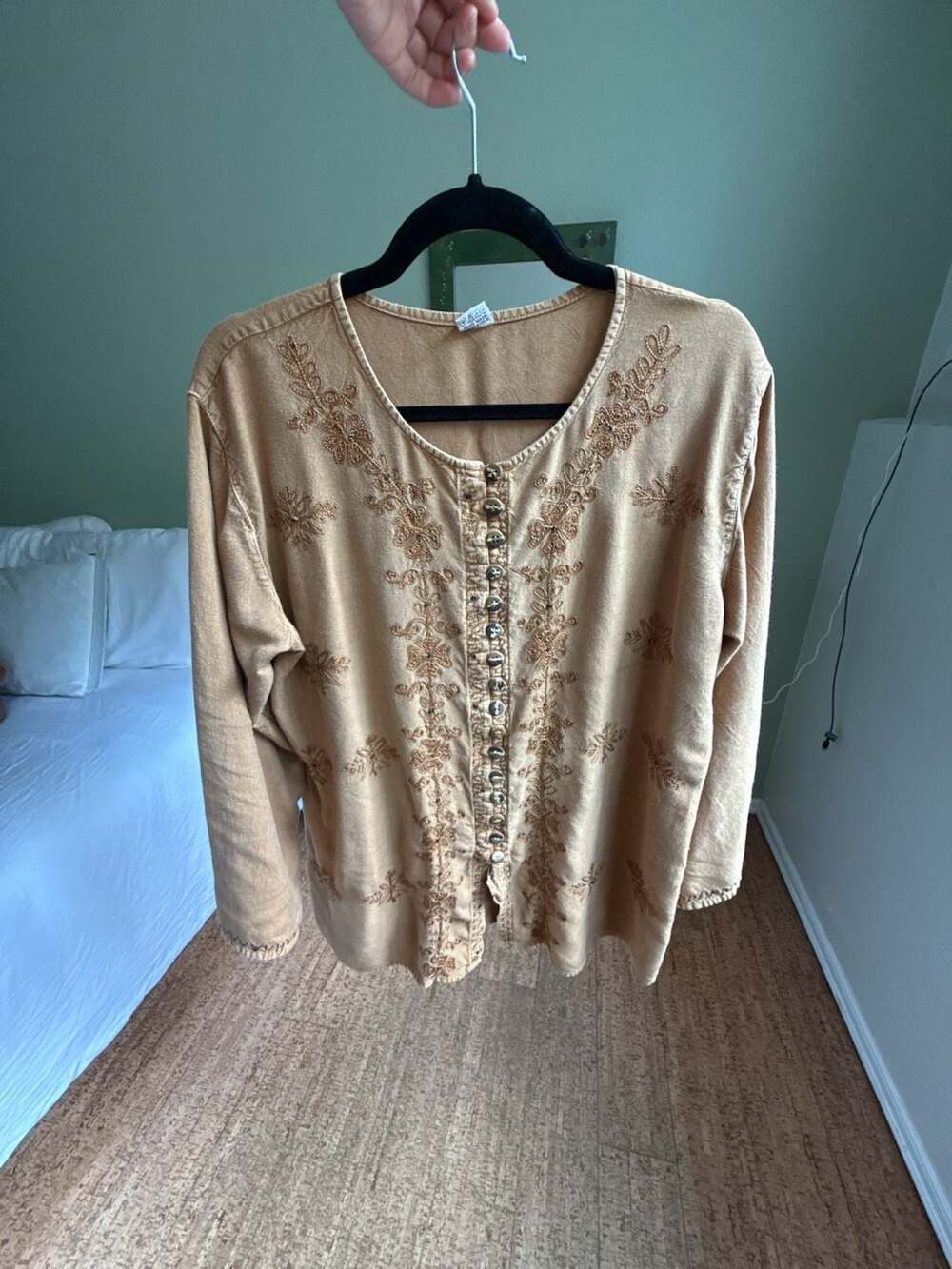 Vintage Boho Embroidered Mustard Yellow Button-Down Top with Tie Back